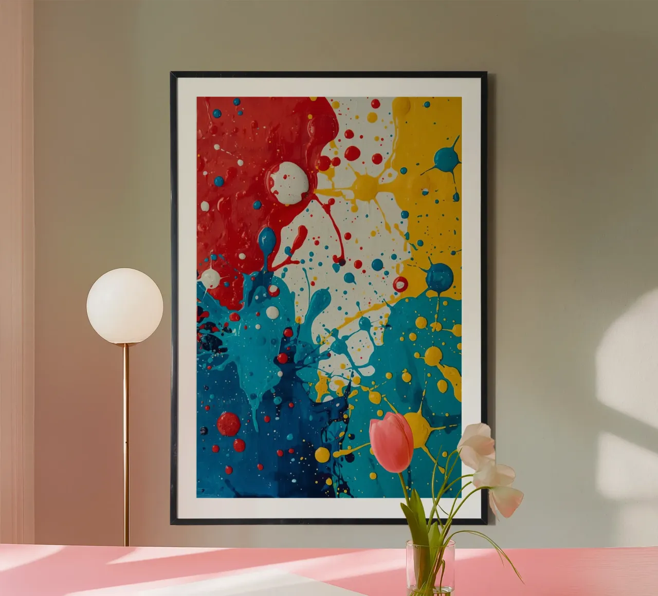 Peinture abstraite avec éclaboussures de peinture rouge, jaune, bleue et blanche poster de DesignDoodle