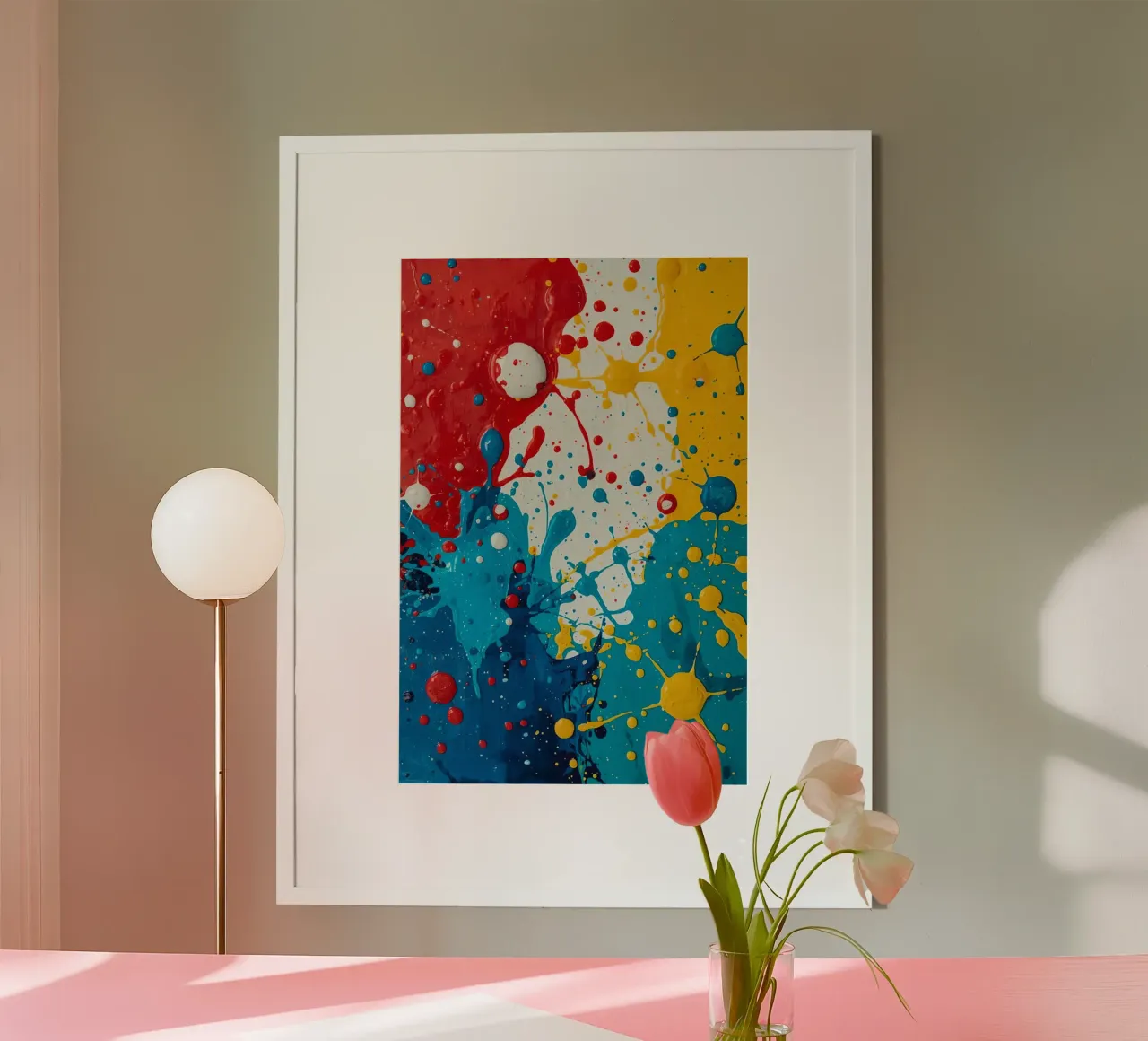 Peinture abstraite avec éclaboussures de peinture rouge, jaune, bleue et blanche poster de DesignDoodle
