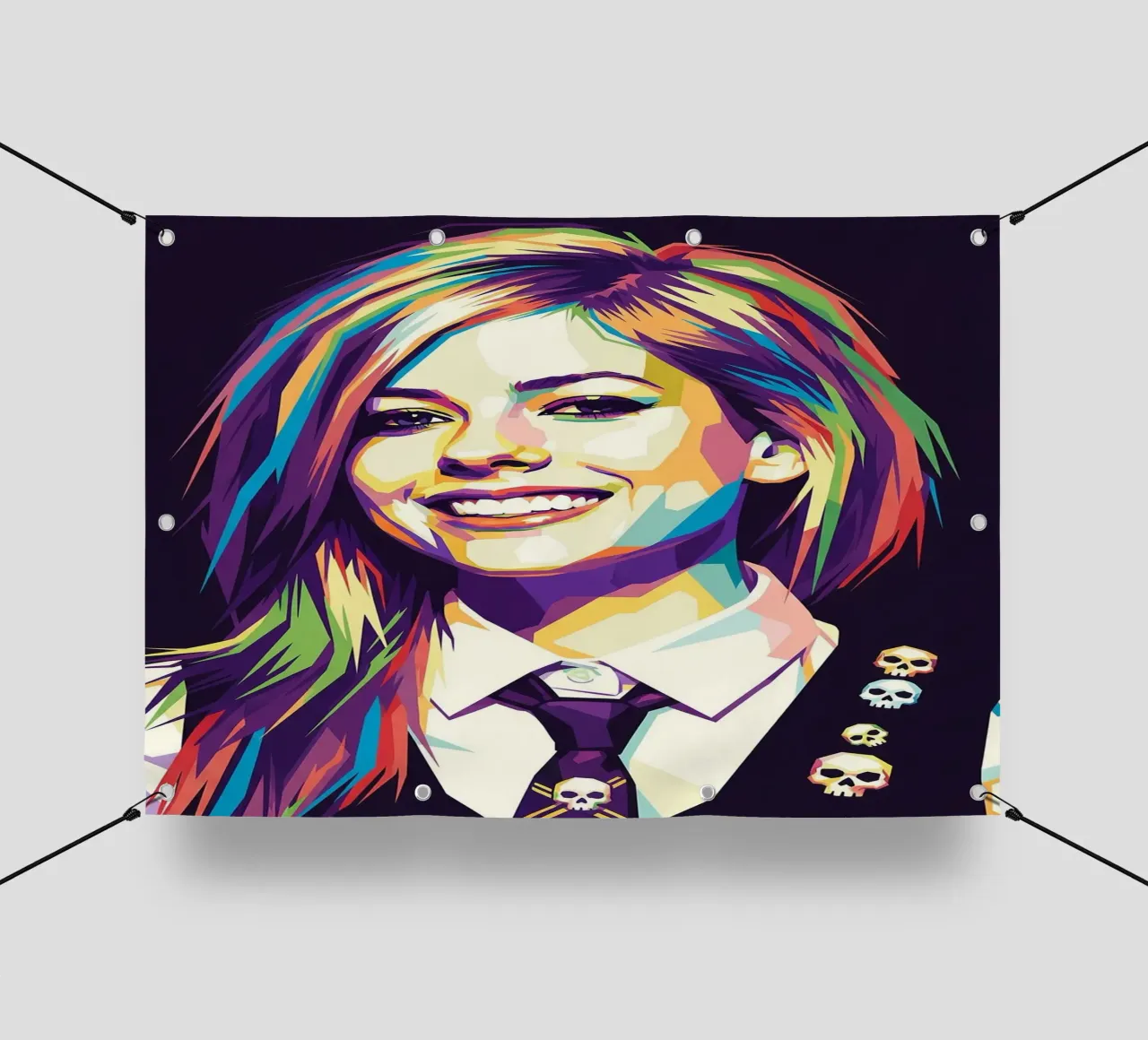 Avril Lavigne con l'iconico sorriso telo in pvc da Hantamrata