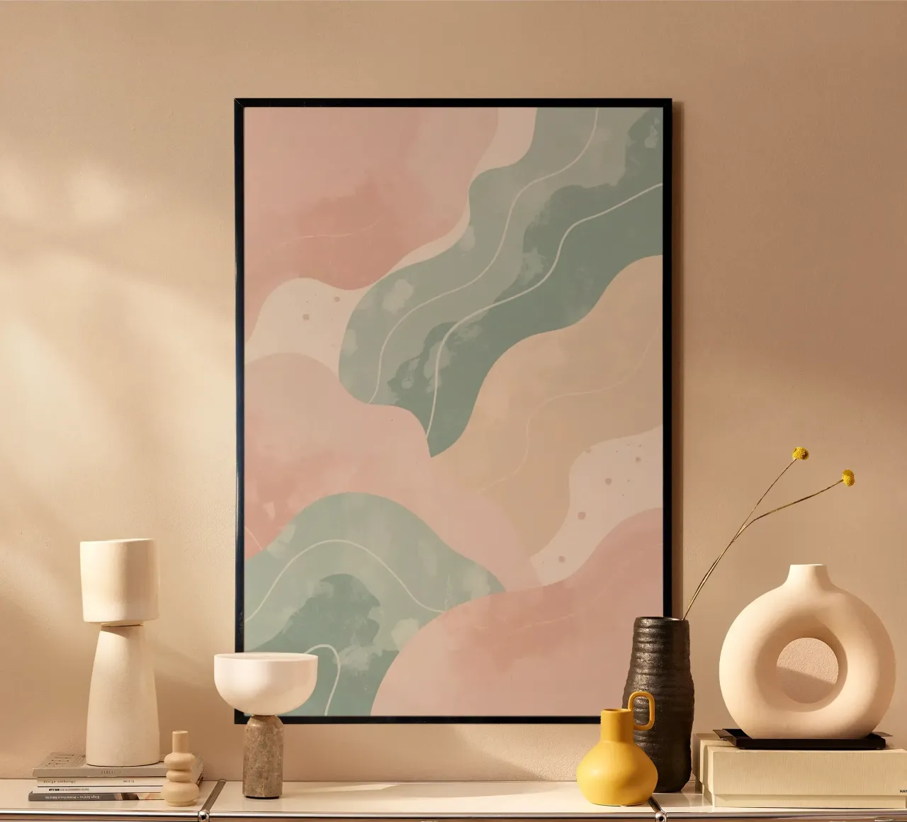 Forme astratte pastello con linee bianche poster con telaio in alluminio da DesignDoodle