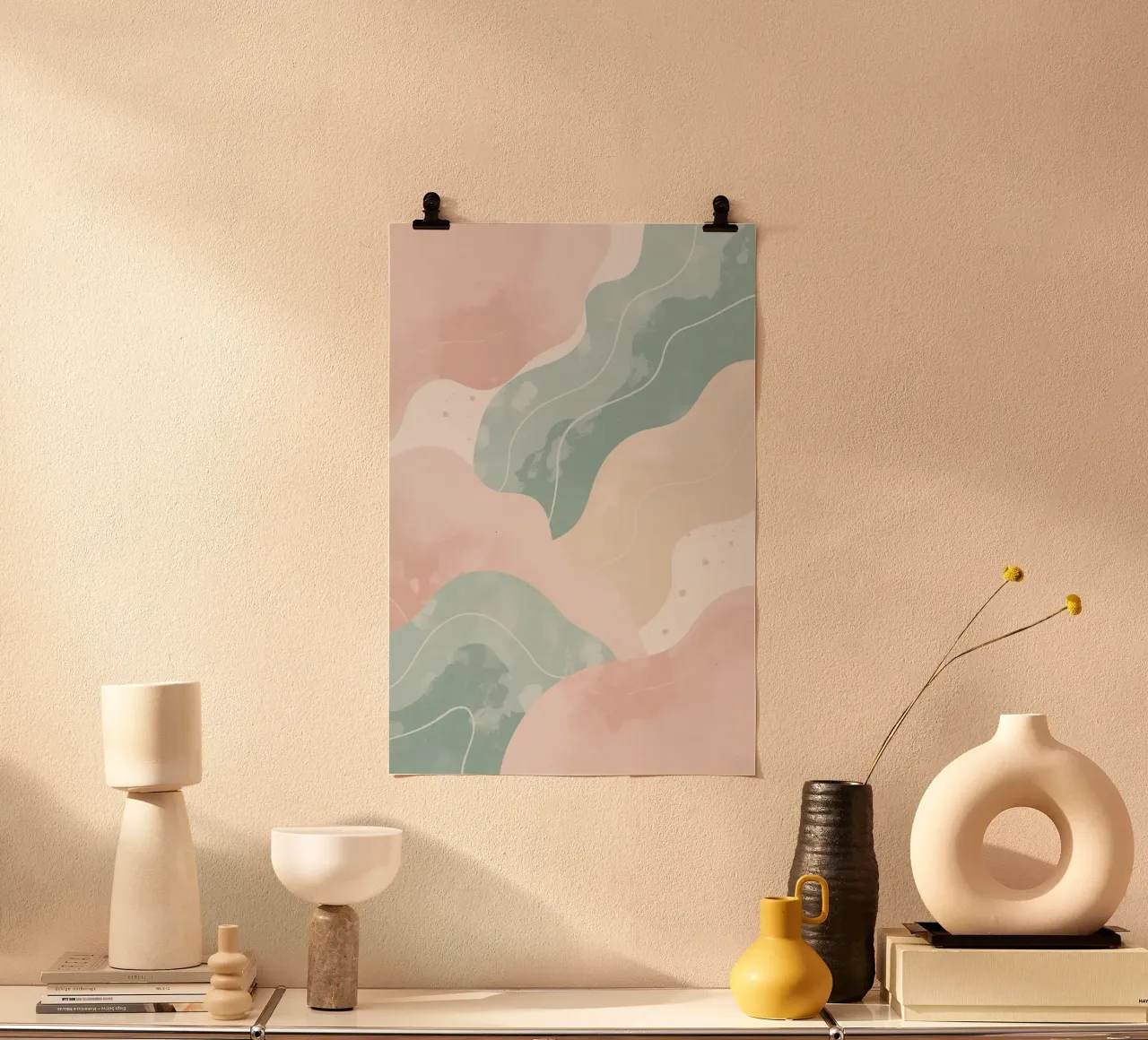 Forme astratte pastello con linee bianche poster con telaio in alluminio da DesignDoodle