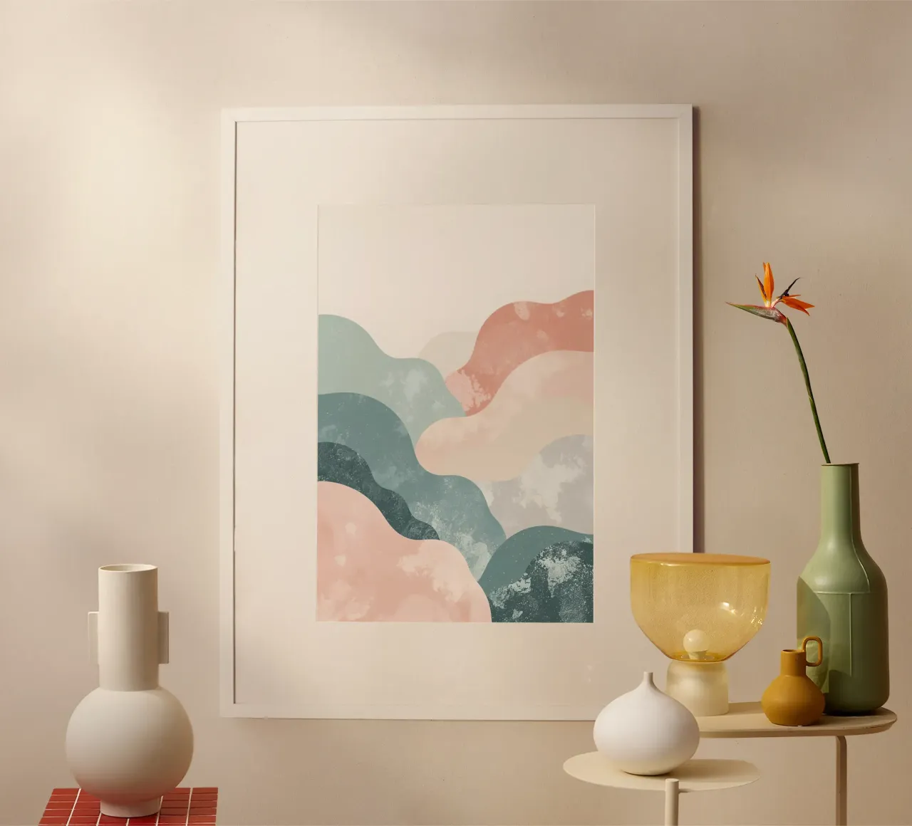 Illustrazione astratta di forme ondulate in colori tenui poster con telaio in alluminio da DesignDoodle