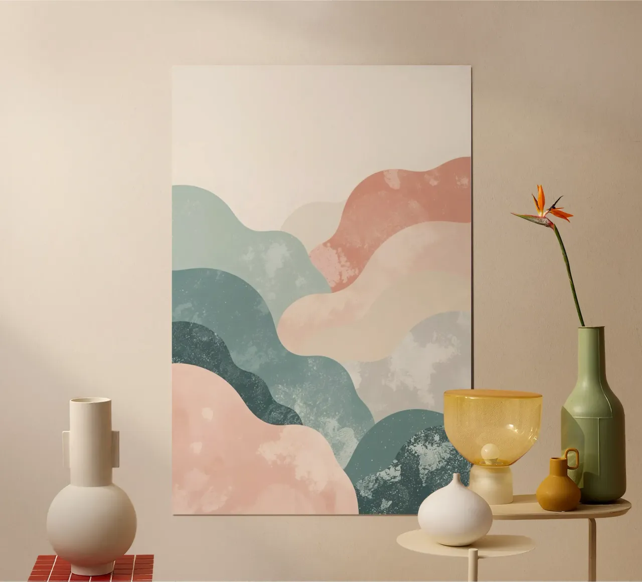 Illustrazione astratta di forme ondulate in colori tenui poster con telaio in alluminio da DesignDoodle