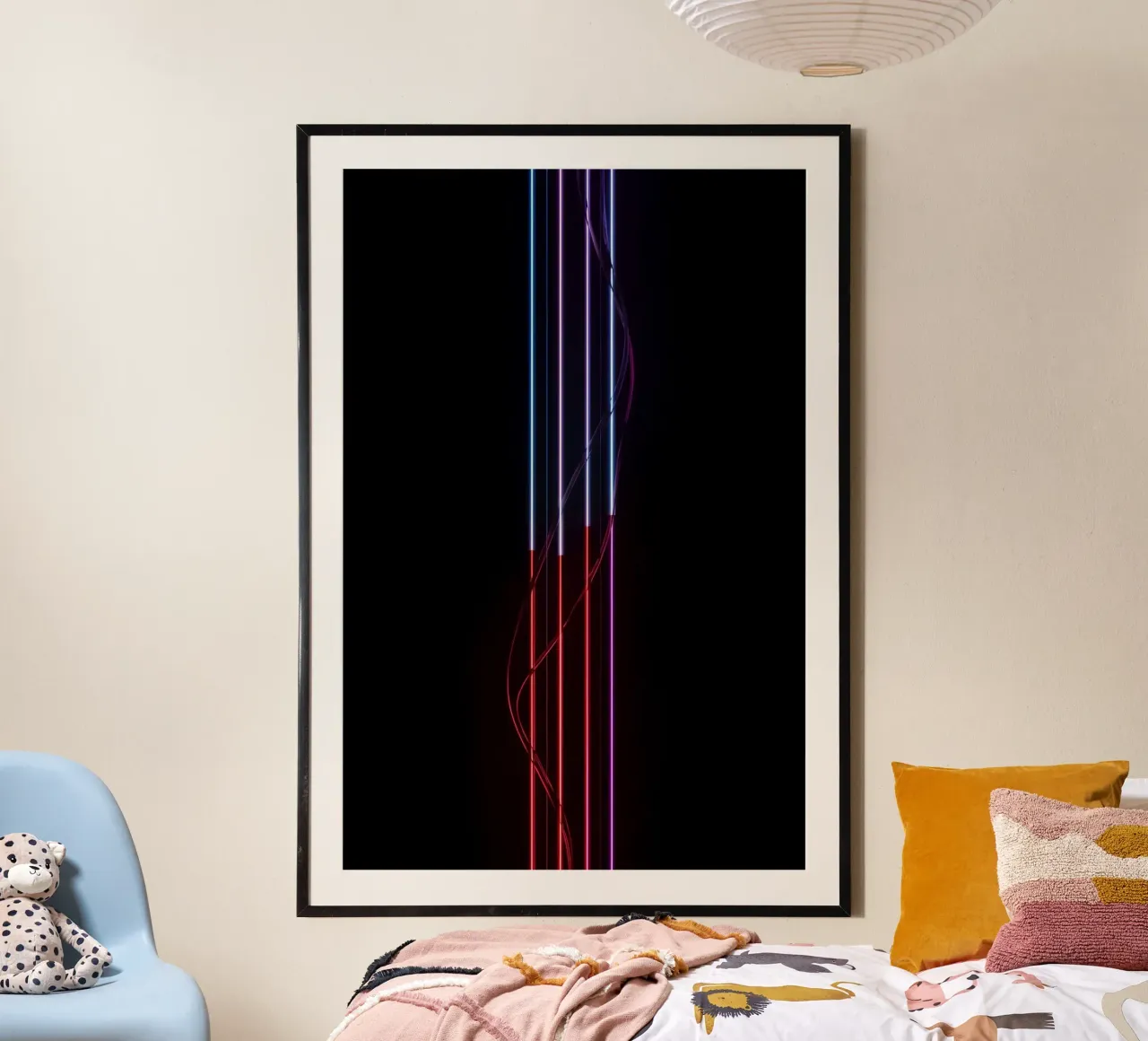 Cinque barre luminose al neon graduali con filo su nero poster con telaio in legno da DesignDoodle