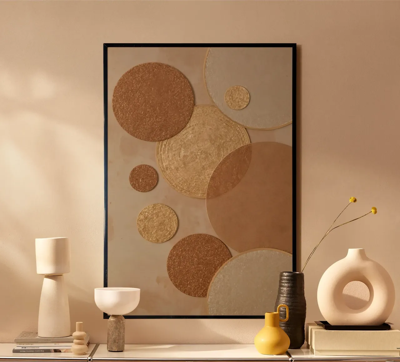 Art mural circulaire texturé dans des tons neutres poster avec cadre en aluminium de DesignDoodle