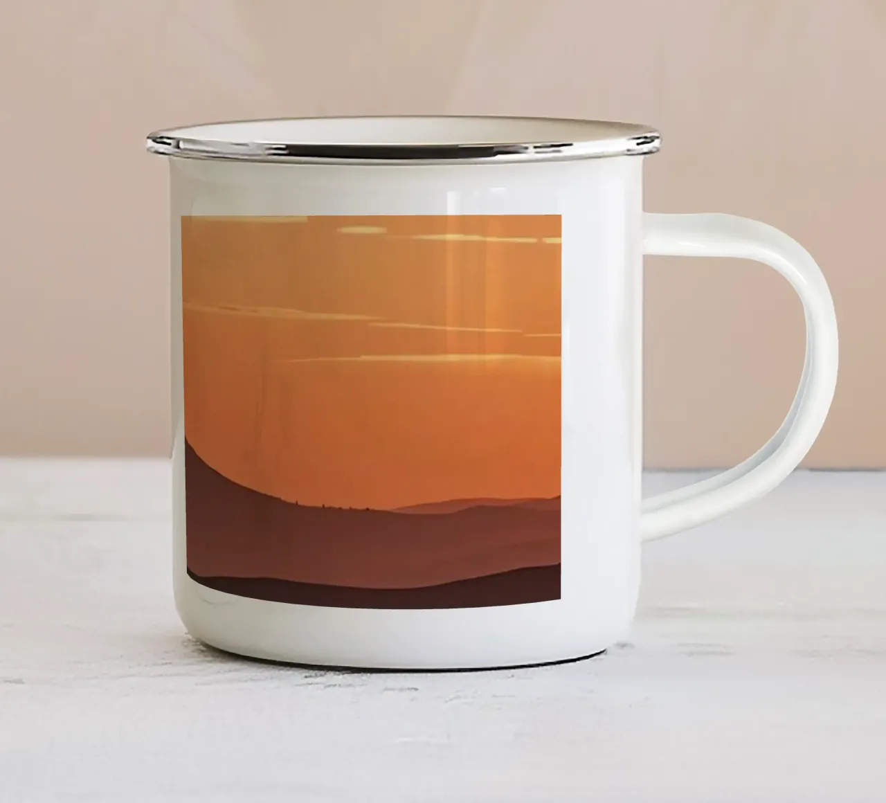 Paesaggio di Rolling Hills al tramonto con le persone tazza in smalto da DesignDoodle