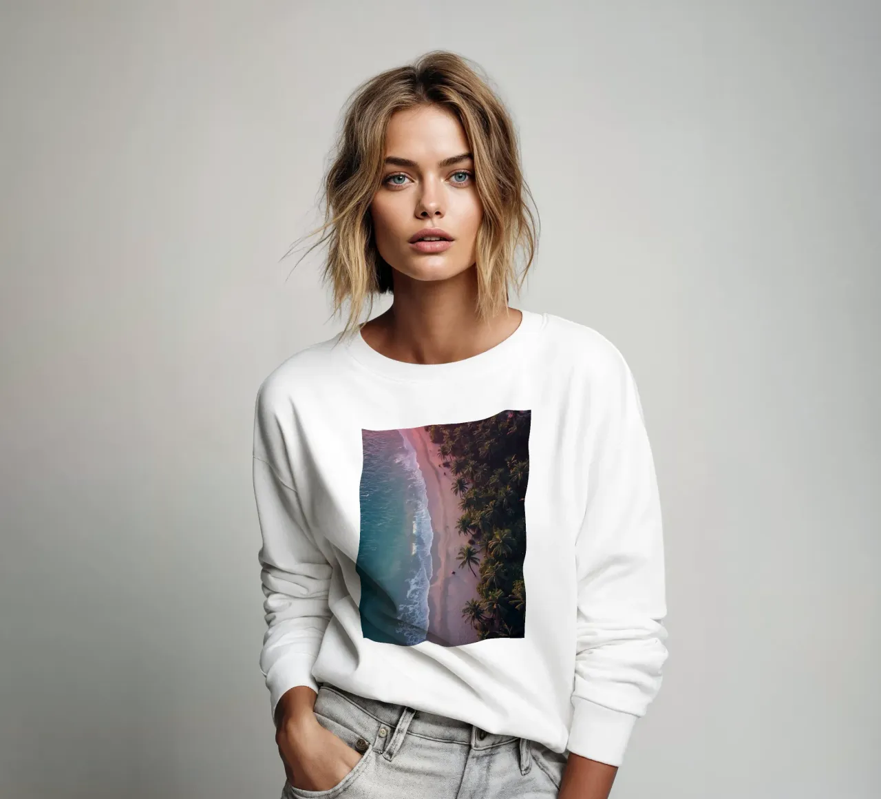 Aerial View of Beach with Palm Trees and Ocean Waves sweatshirt by DesignDoodle