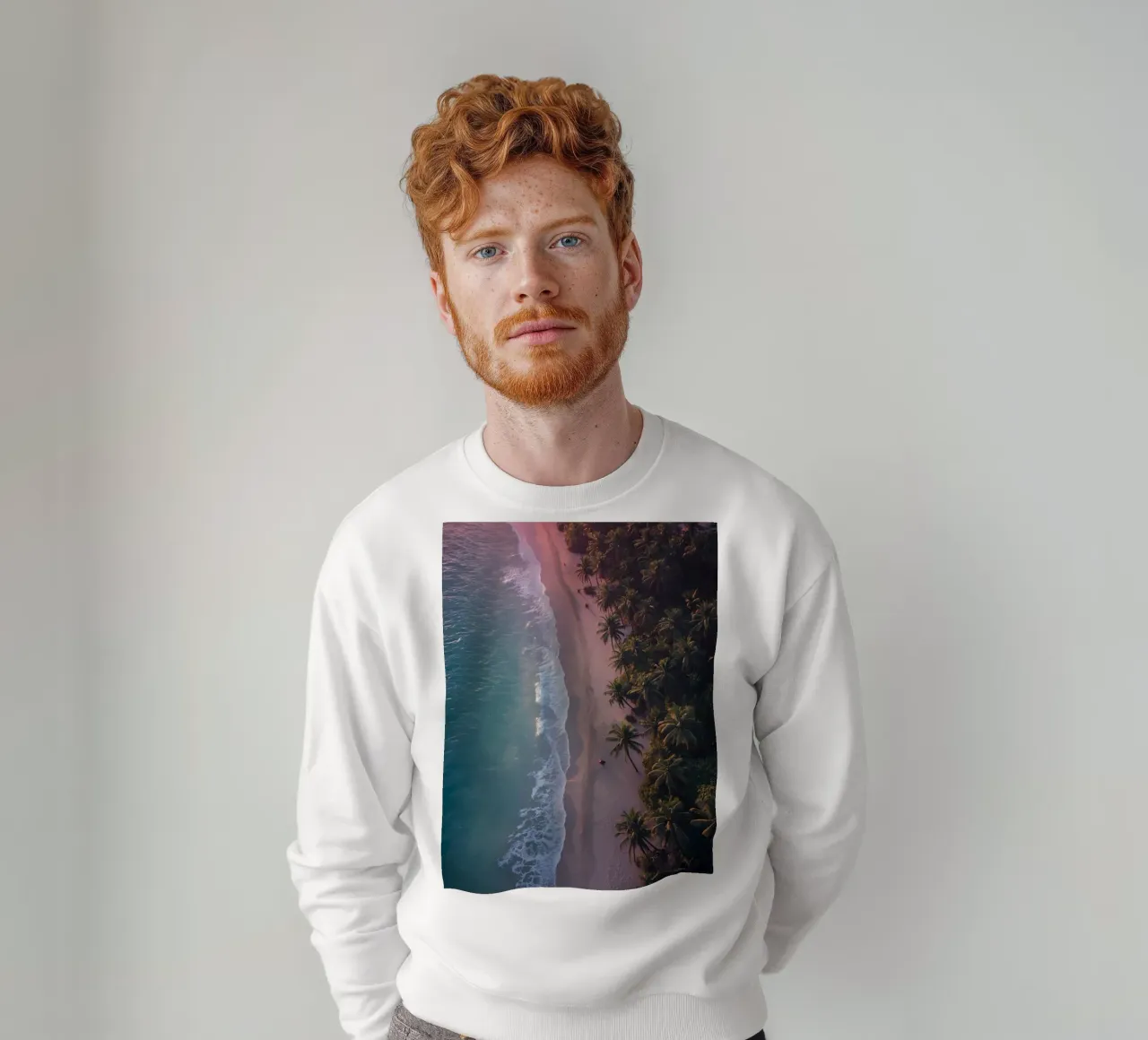 Aerial View of Beach with Palm Trees and Ocean Waves sweatshirt by DesignDoodle