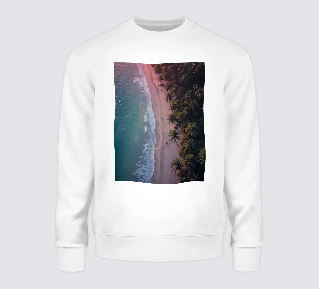 Aerial View of Beach with Palm Trees and Ocean Waves sweatshirt by DesignDoodle
