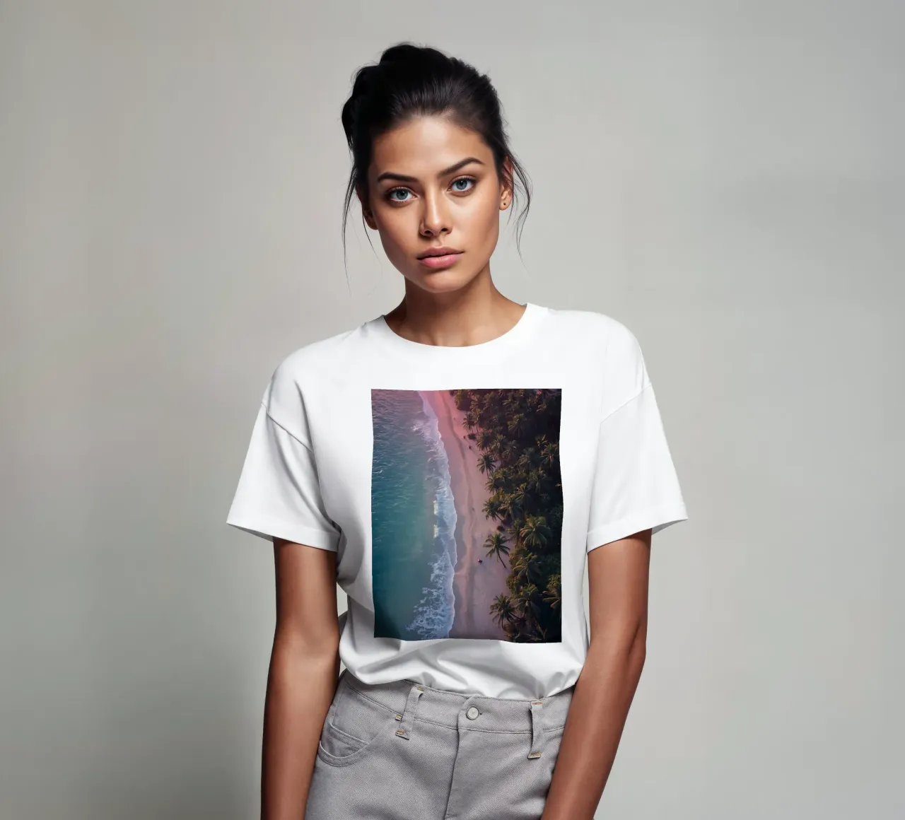 Aerial View of Beach with Palm Trees and Ocean Waves t-shirt by DesignDoodle