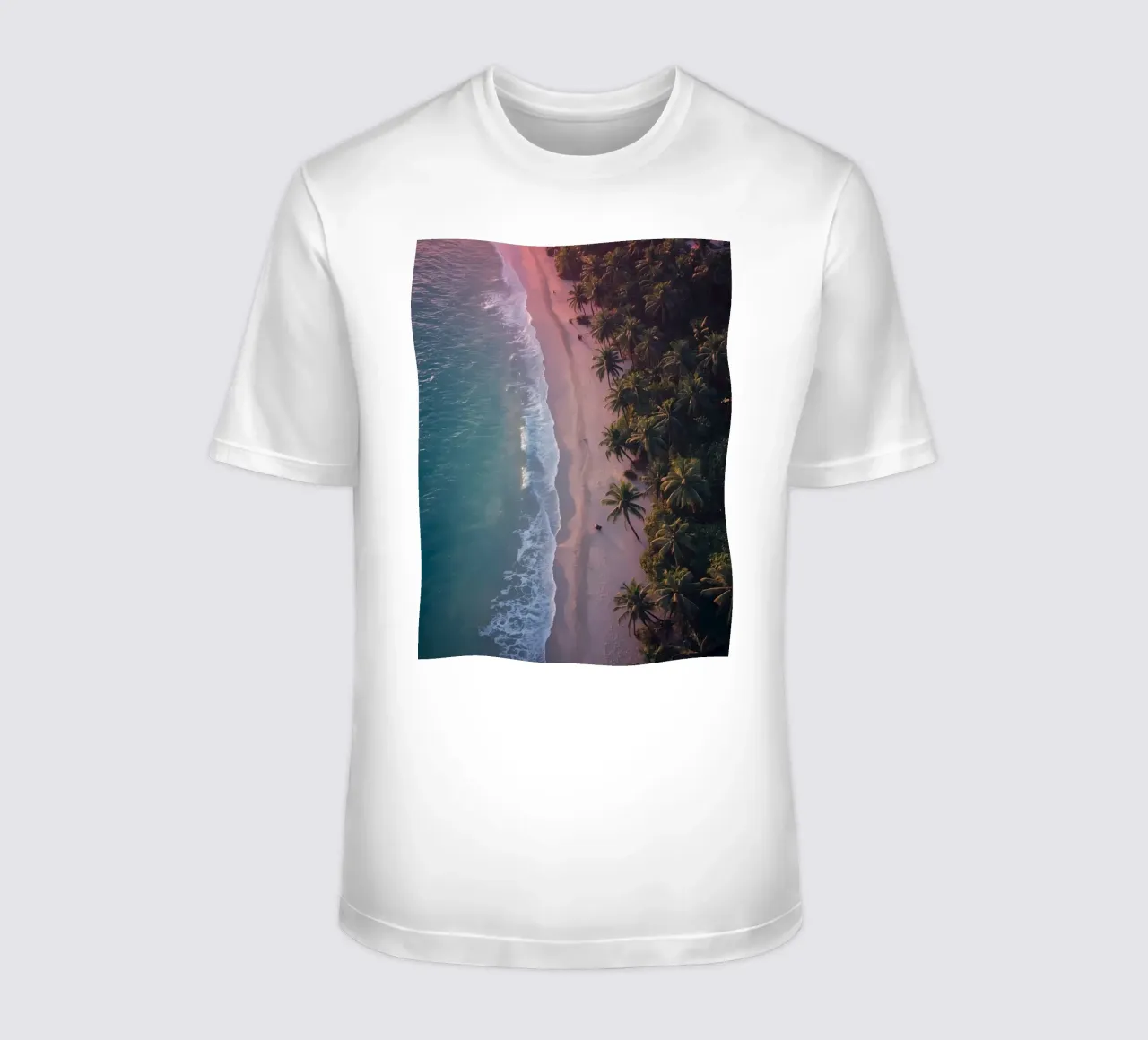 Aerial View of Beach with Palm Trees and Ocean Waves t-shirt by DesignDoodle