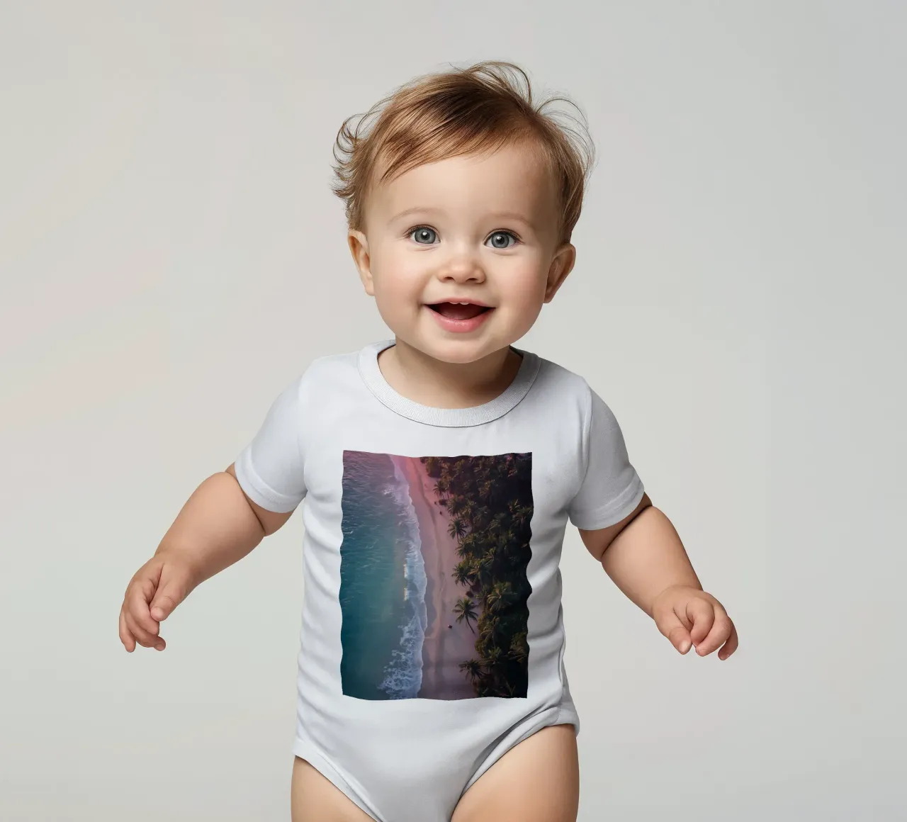 Aerial View of Beach with Palm Trees and Ocean Waves short-sleeve baby romper by DesignDoodle
