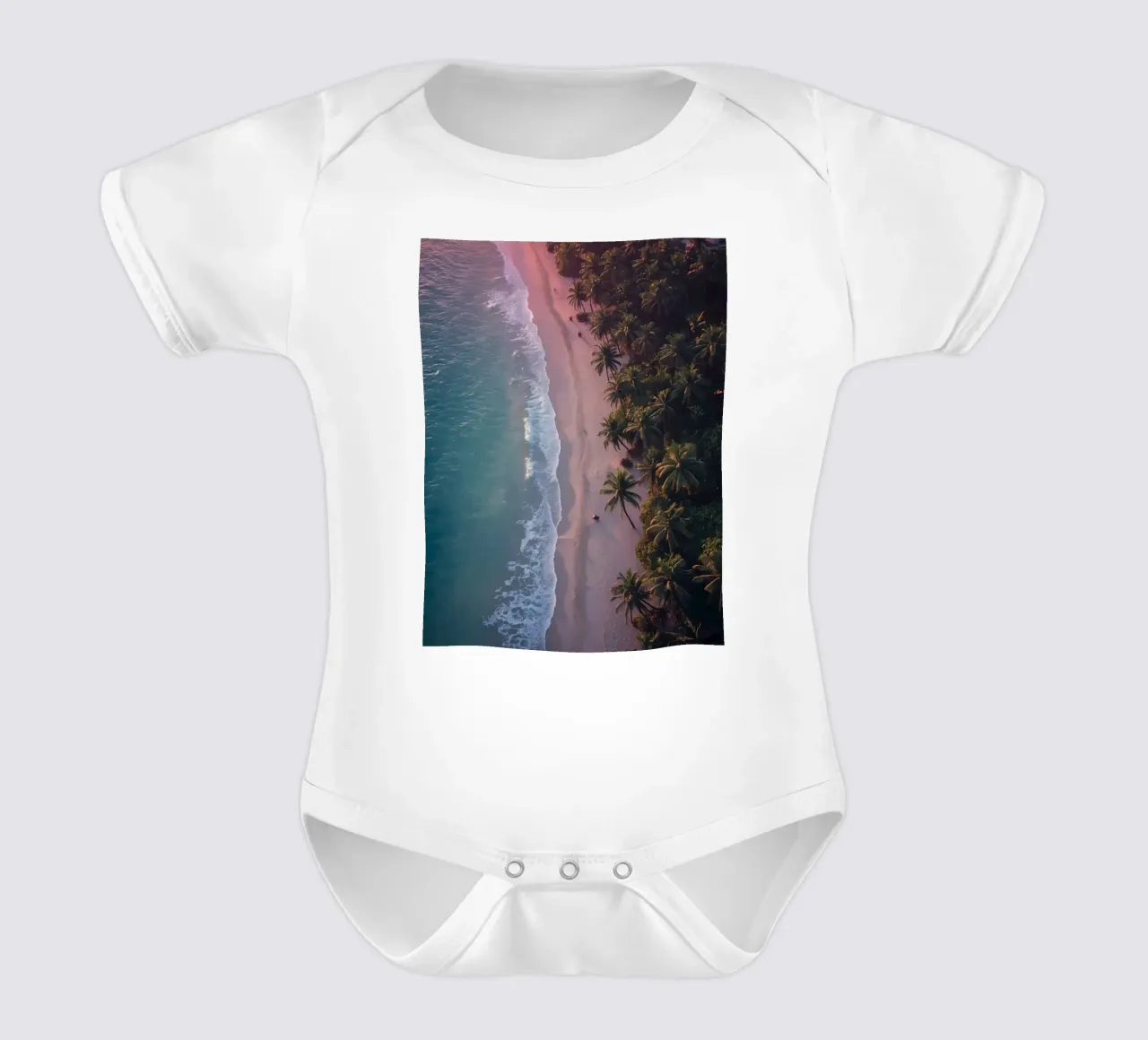 Aerial View of Beach with Palm Trees and Ocean Waves short-sleeve baby romper by DesignDoodle