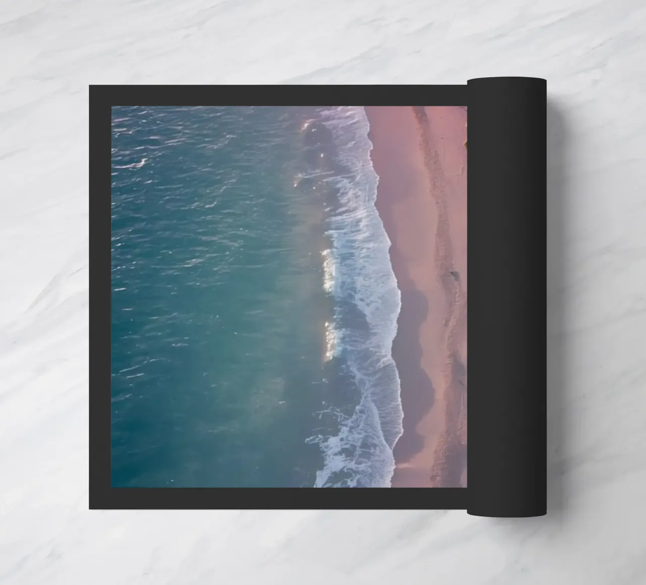 Aerial View of Beach with Palm Trees and Ocean Waves doormat by DesignDoodle