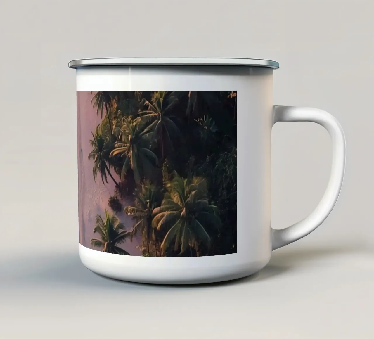 Aerial View of Beach with Palm Trees and Ocean Waves enamel mug by DesignDoodle