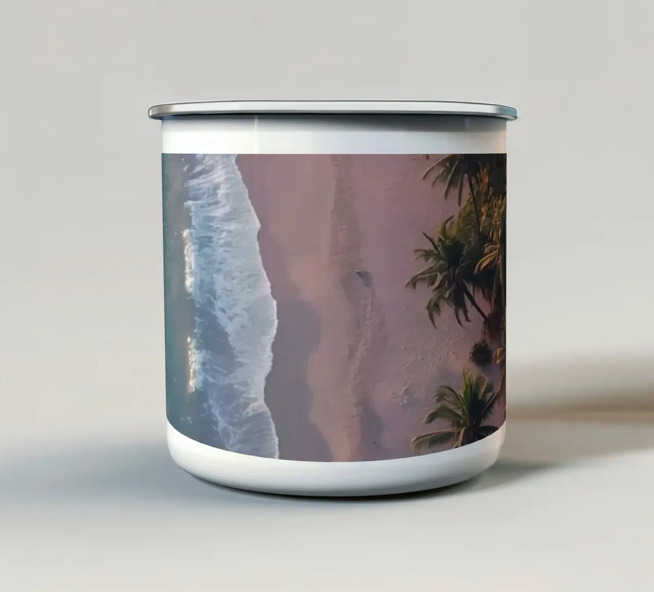 Aerial View of Beach with Palm Trees and Ocean Waves enamel mug by DesignDoodle