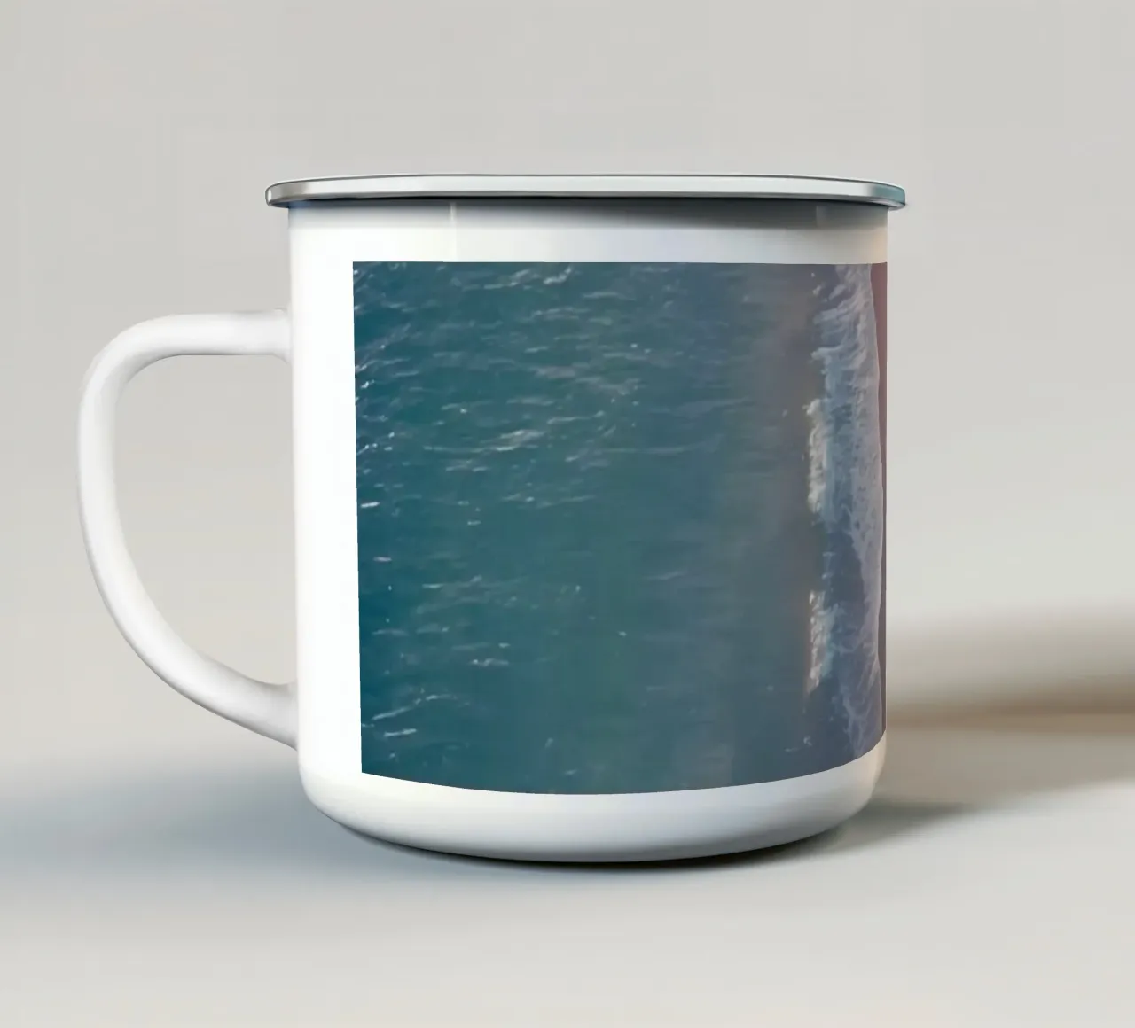 Aerial View of Beach with Palm Trees and Ocean Waves enamel mug by DesignDoodle