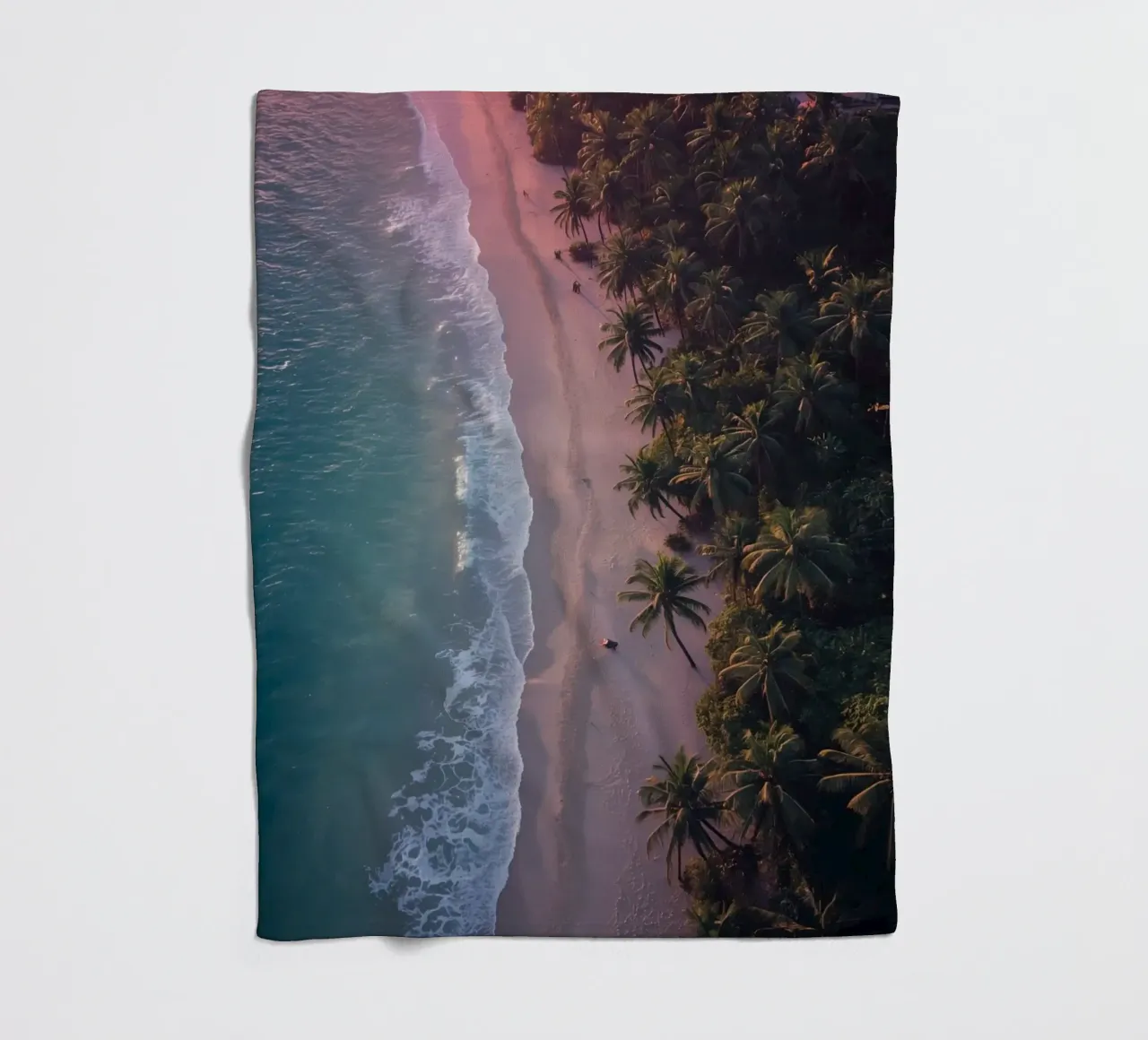 Aerial View of Beach with Palm Trees and Ocean Waves fleece blanket by DesignDoodle