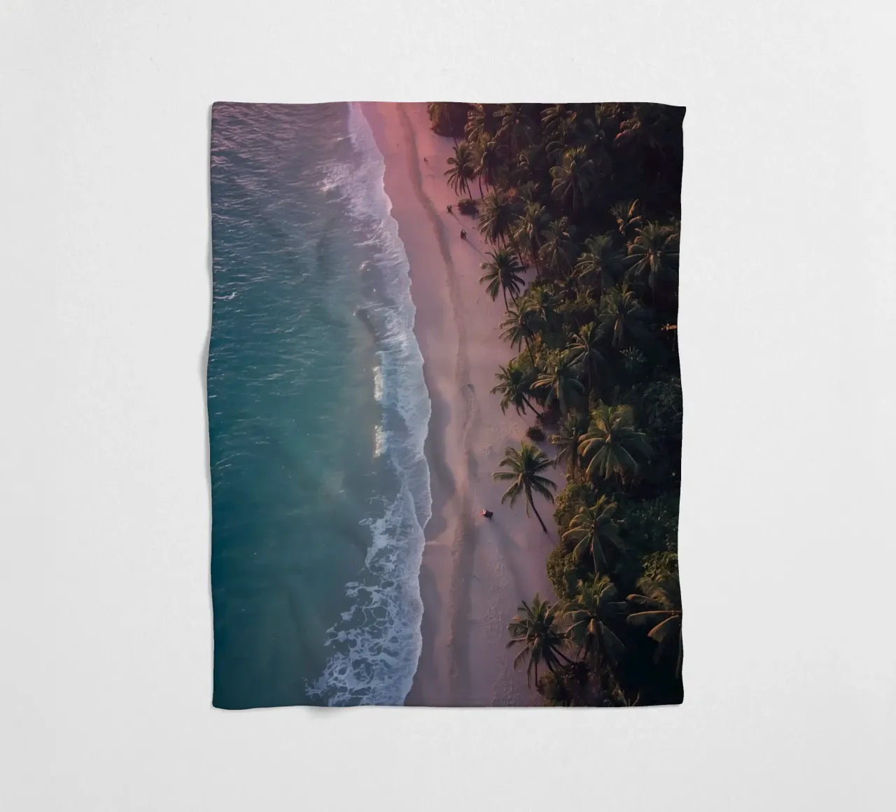 Aerial View of Beach with Palm Trees and Ocean Waves fleece blanket by DesignDoodle