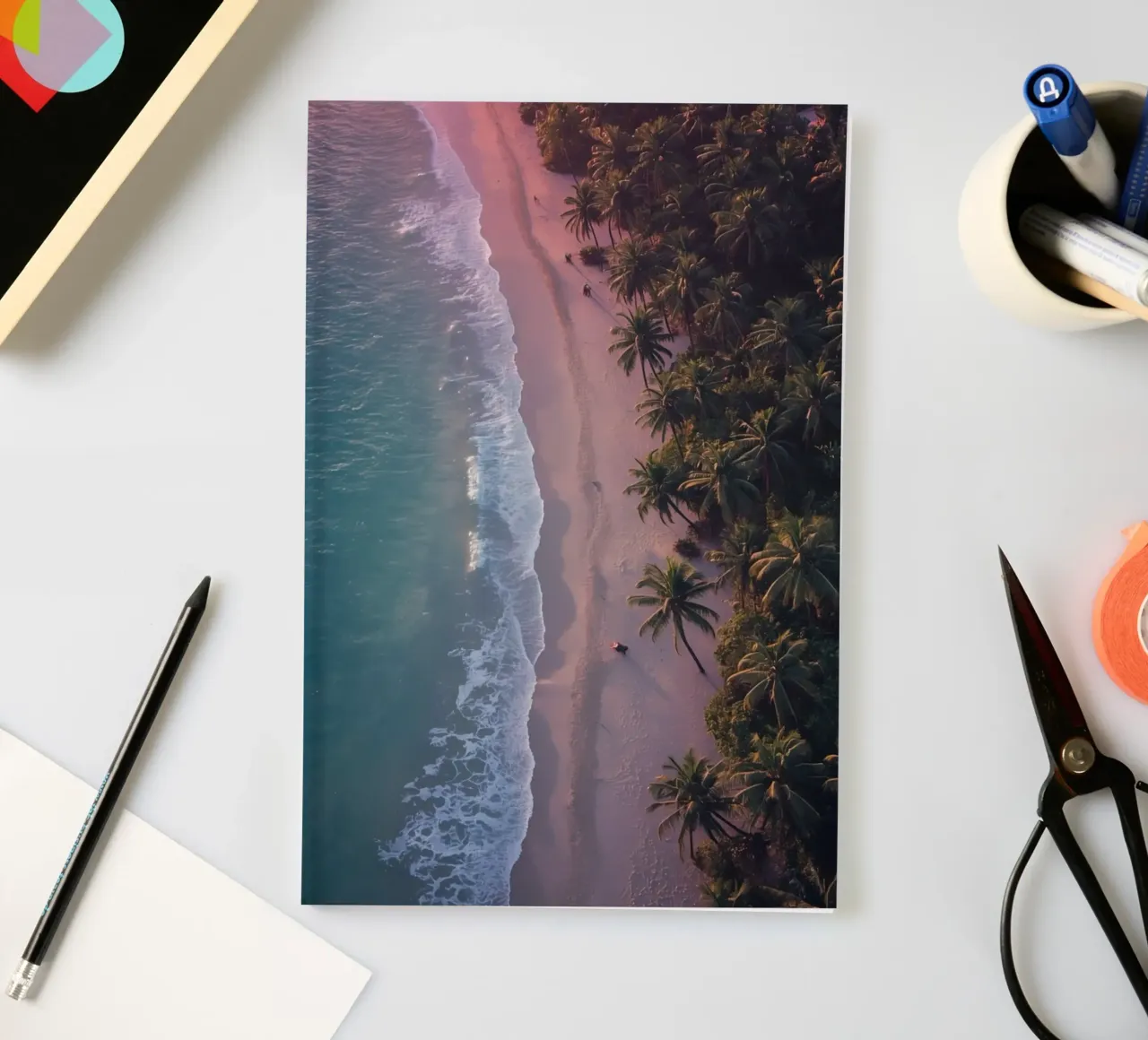 Aerial View of Beach with Palm Trees and Ocean Waves notebook by DesignDoodle