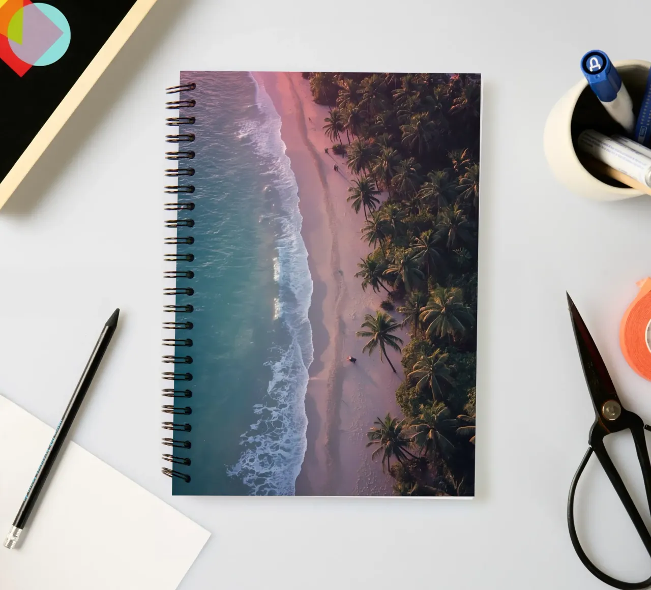 Aerial View of Beach with Palm Trees and Ocean Waves spiral notebook by DesignDoodle