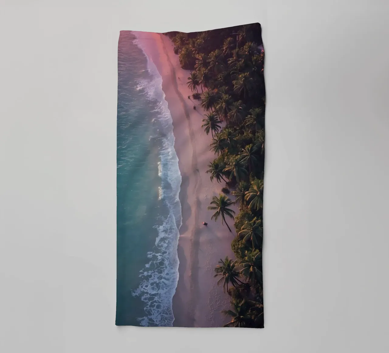 Aerial View of Beach with Palm Trees and Ocean Waves towel by DesignDoodle