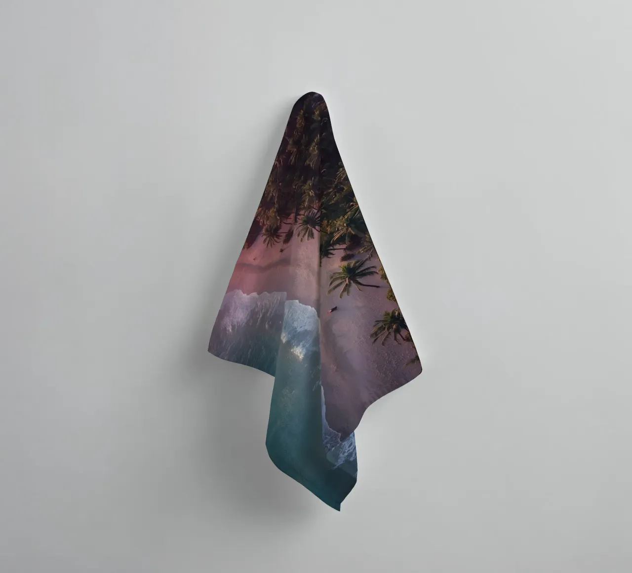 Aerial View of Beach with Palm Trees and Ocean Waves towel by DesignDoodle