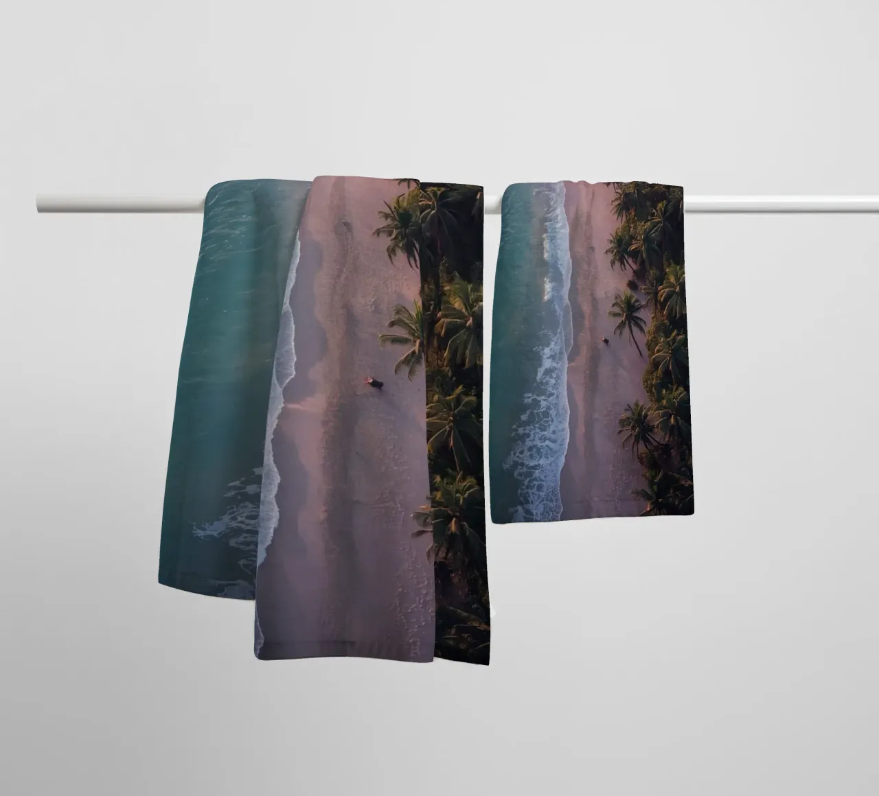 Aerial View of Beach with Palm Trees and Ocean Waves towel by DesignDoodle