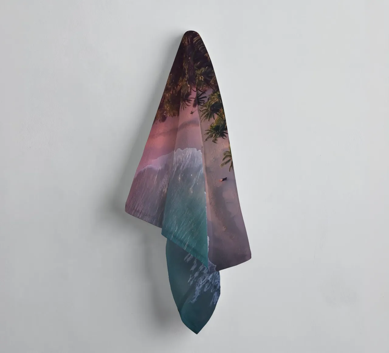 Aerial View of Beach with Palm Trees and Ocean Waves towel by DesignDoodle