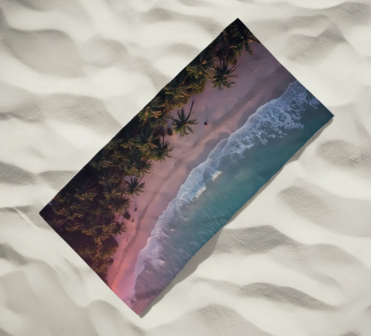 Aerial View of Beach with Palm Trees and Ocean Waves beach towel by DesignDoodle