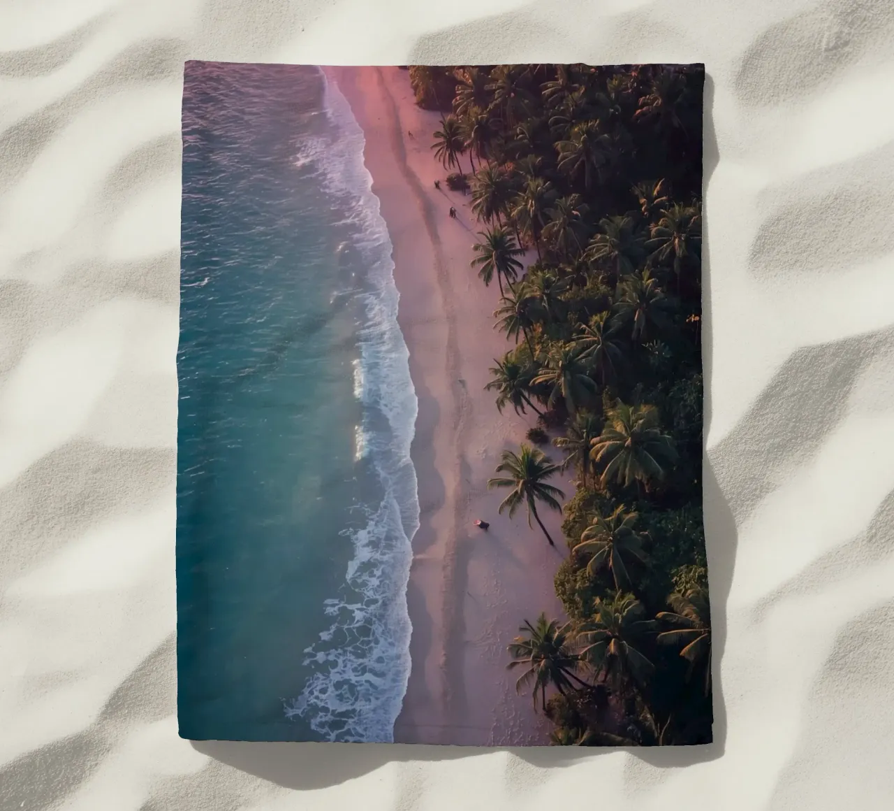Aerial View of Beach with Palm Trees and Ocean Waves beach towel by DesignDoodle