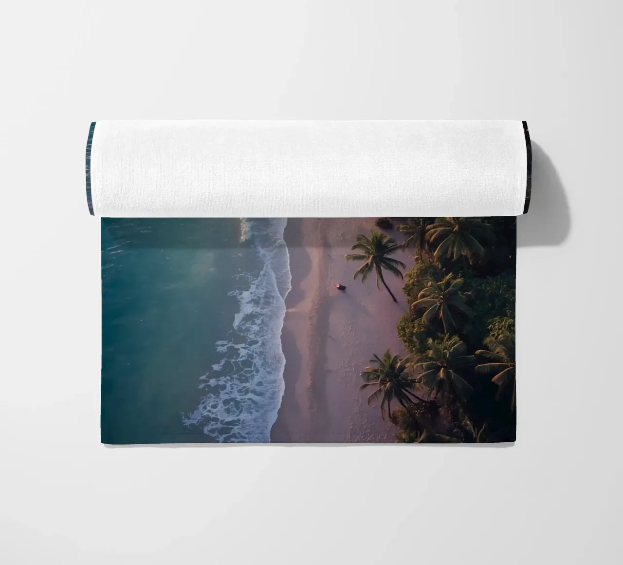 Aerial View of Beach with Palm Trees and Ocean Waves beach towel by DesignDoodle