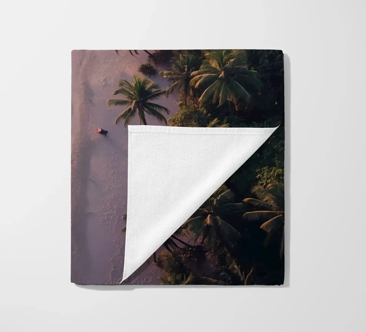 Aerial View of Beach with Palm Trees and Ocean Waves beach towel by DesignDoodle