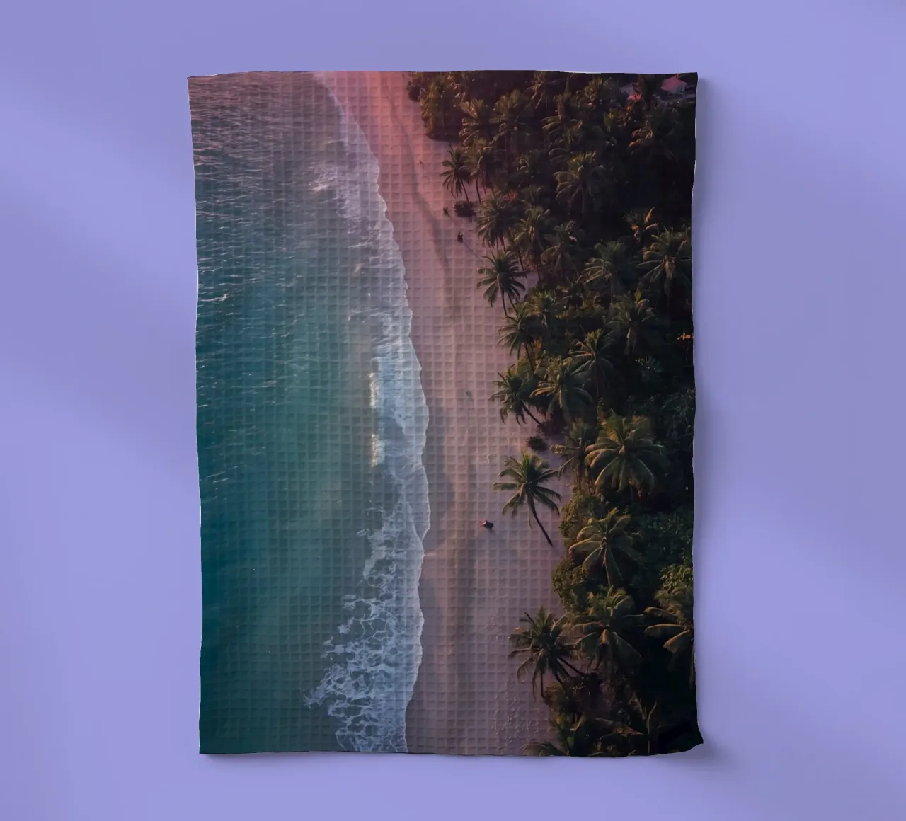 Aerial View of Beach with Palm Trees and Ocean Waves tea towel by DesignDoodle
