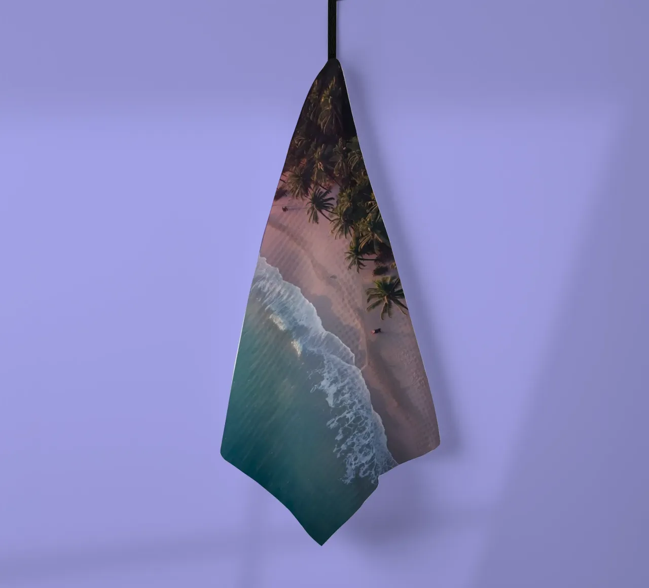 Aerial View of Beach with Palm Trees and Ocean Waves tea towel by DesignDoodle