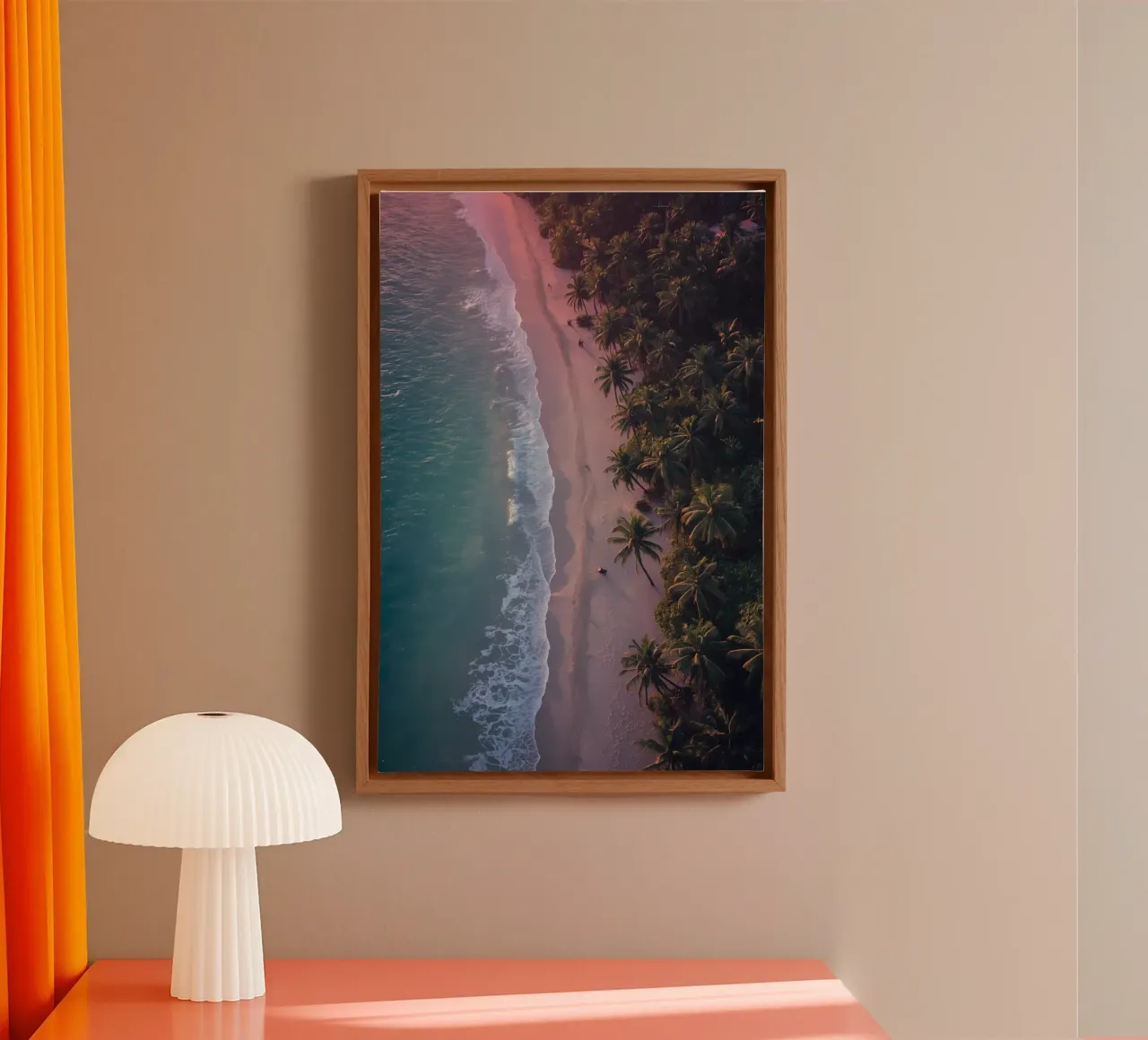 Aerial View of Beach with Palm Trees and Ocean Waves canvas with Floater frame by DesignDoodle