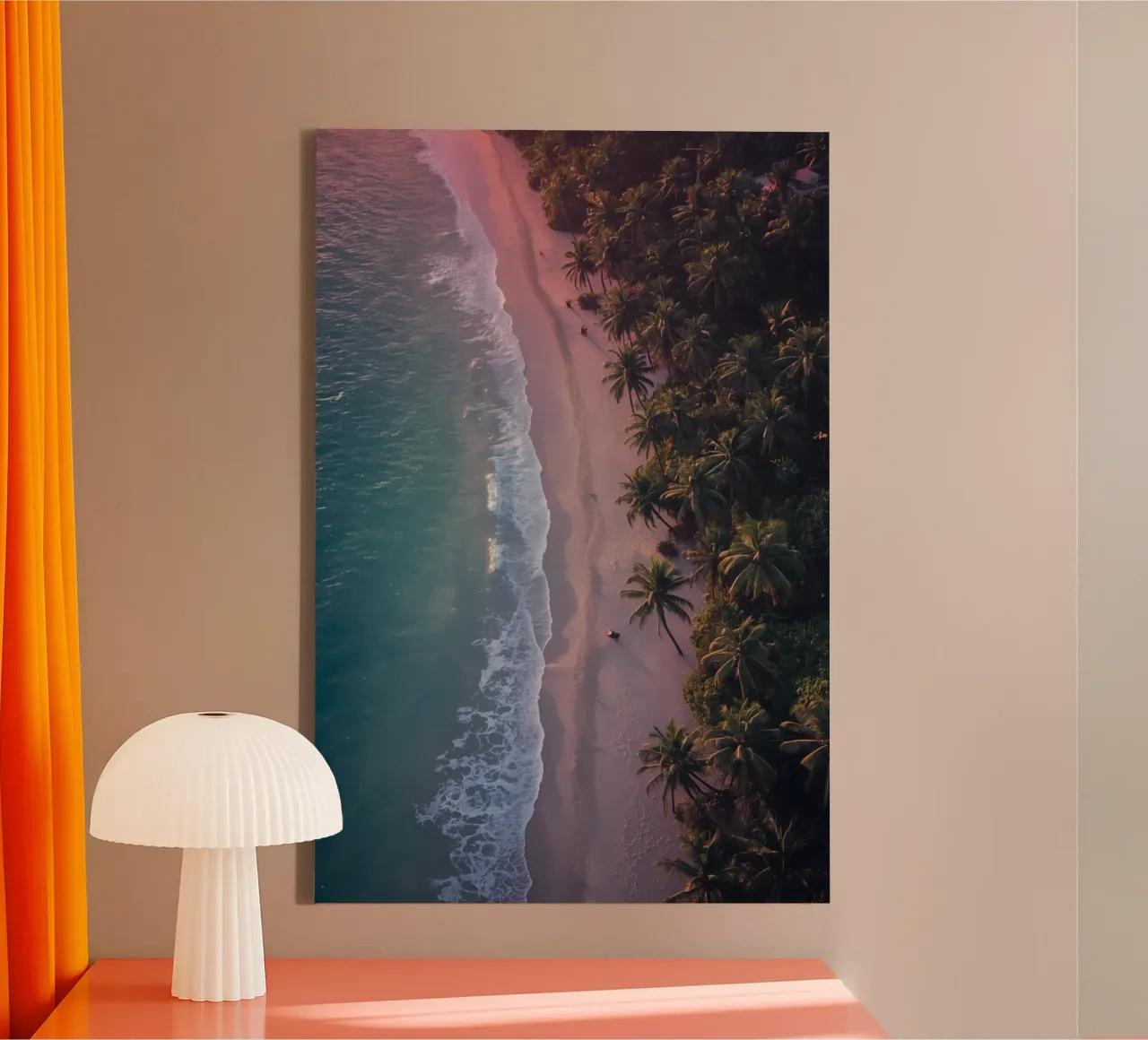 Aerial View of Beach with Palm Trees and Ocean Waves canvas with Floater frame by DesignDoodle