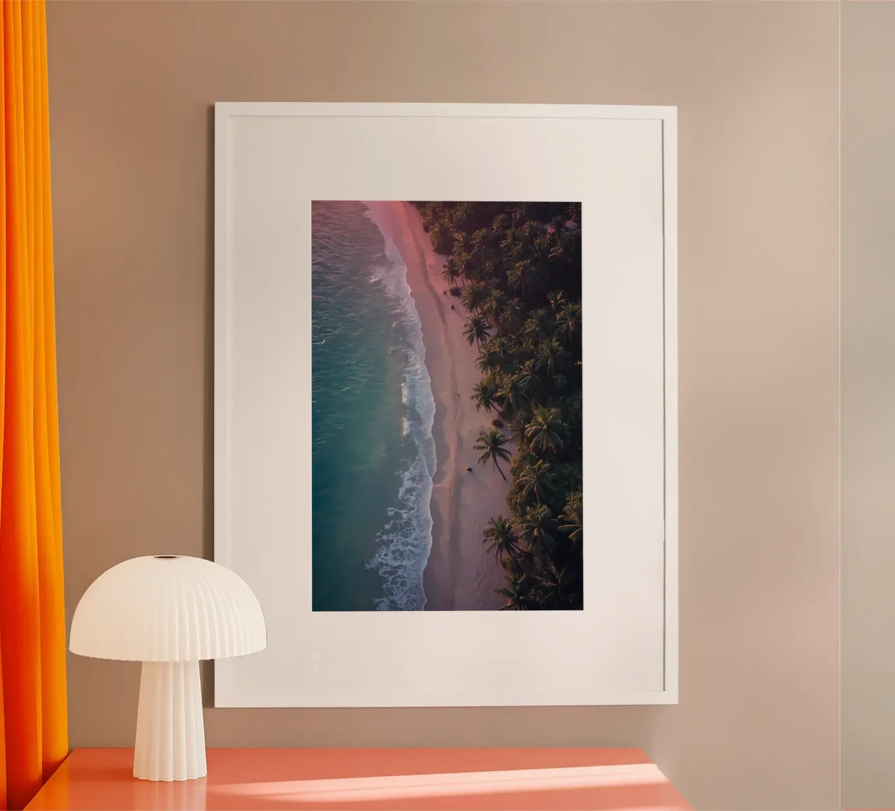 Aerial View of Beach with Palm Trees and Ocean Waves poster by DesignDoodle