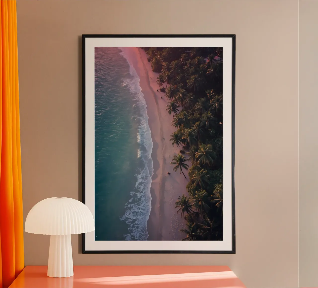 Aerial View of Beach with Palm Trees and Ocean Waves poster by DesignDoodle
