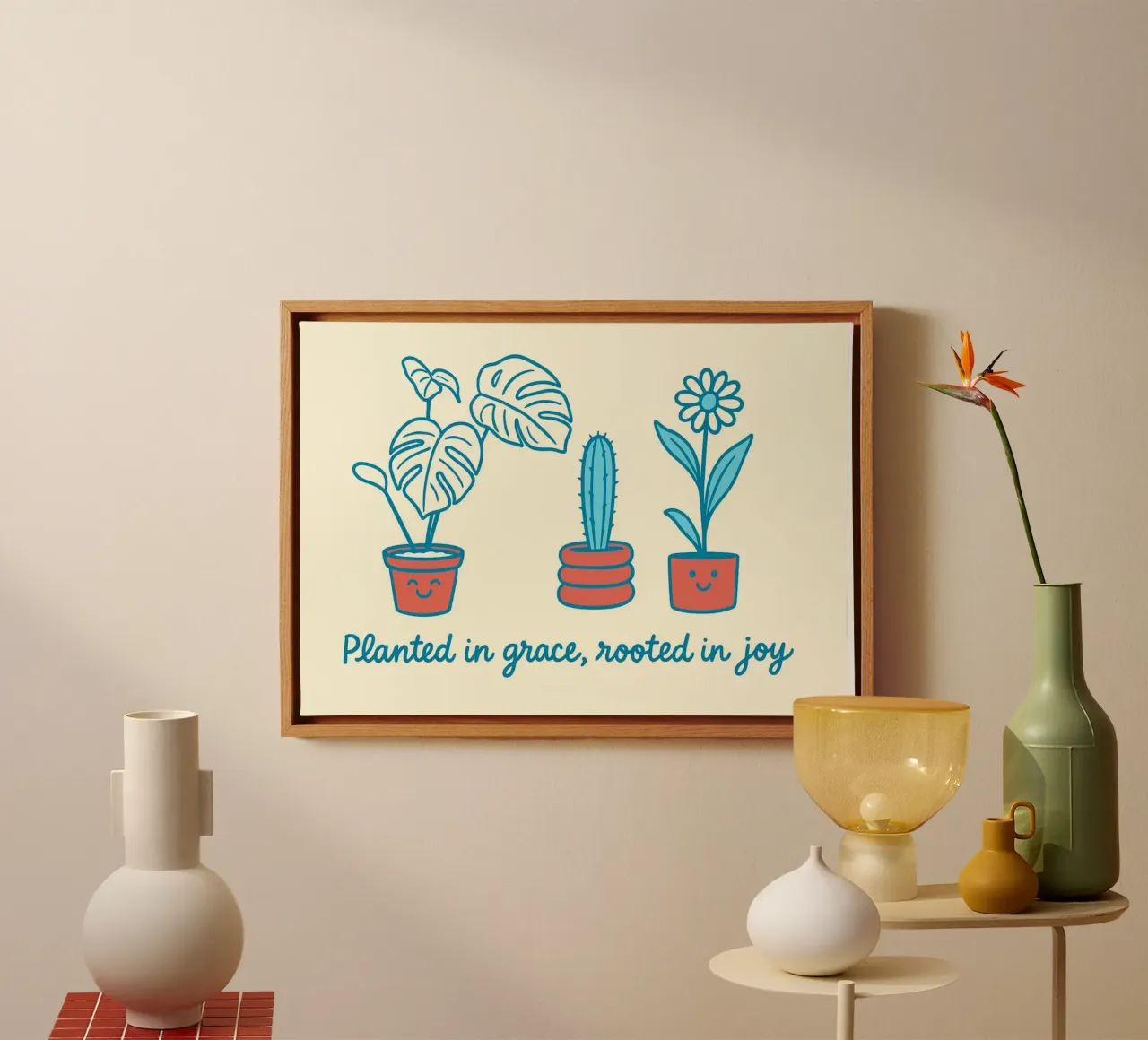 Geplant in Genade, Geworteld in Vreugde canvas met Baklijst van vintagepod