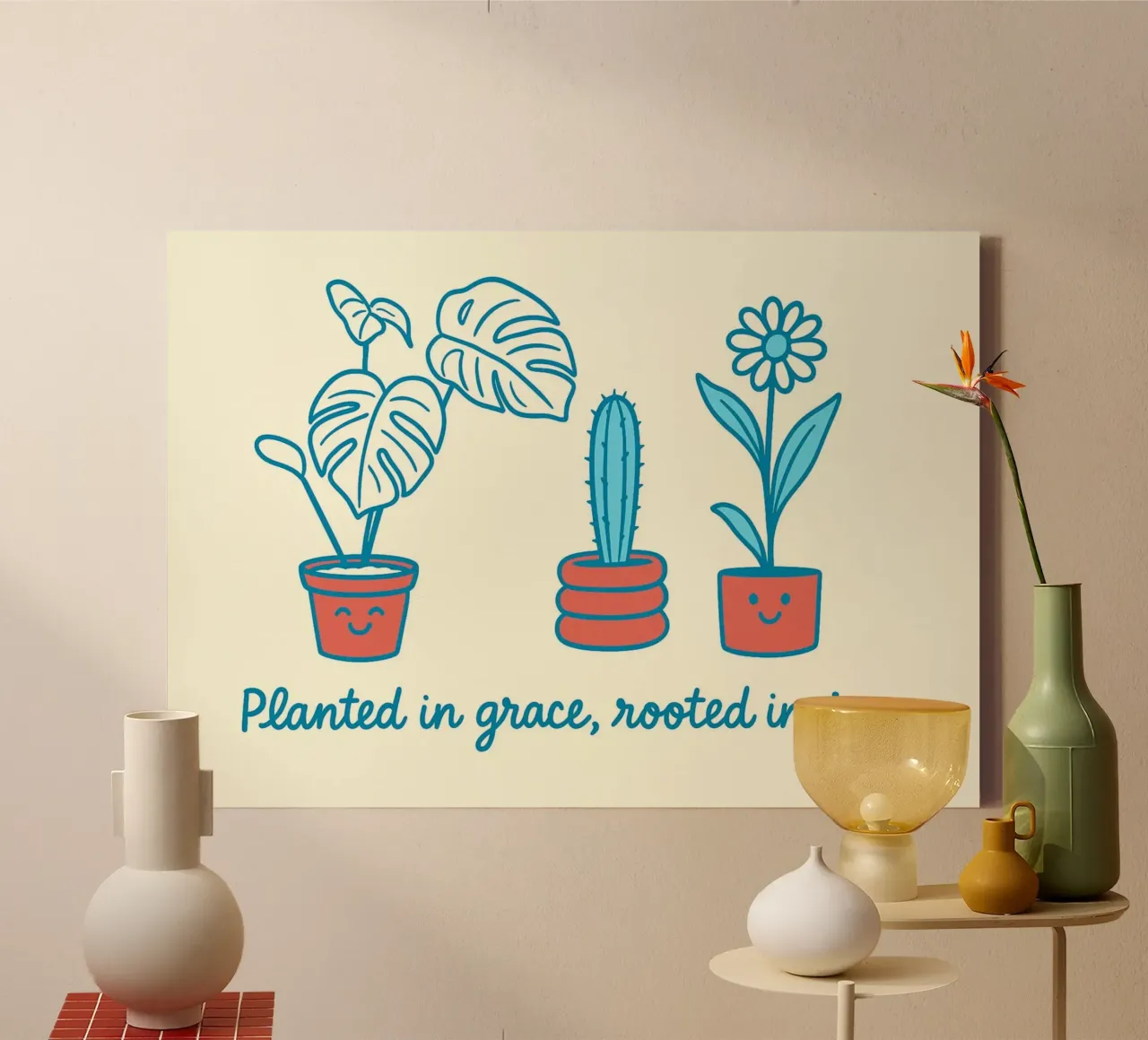 Geplant in Genade, Geworteld in Vreugde canvas met Baklijst van vintagepod