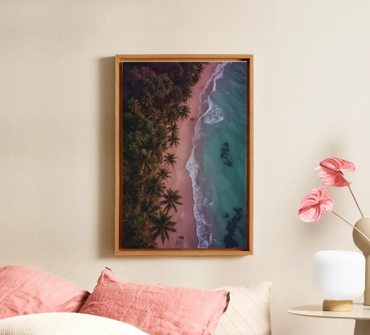 aerial view, beach, palm trees, ocean, waves, sand, coastlin canvas with Floater frame by DesignDoodle