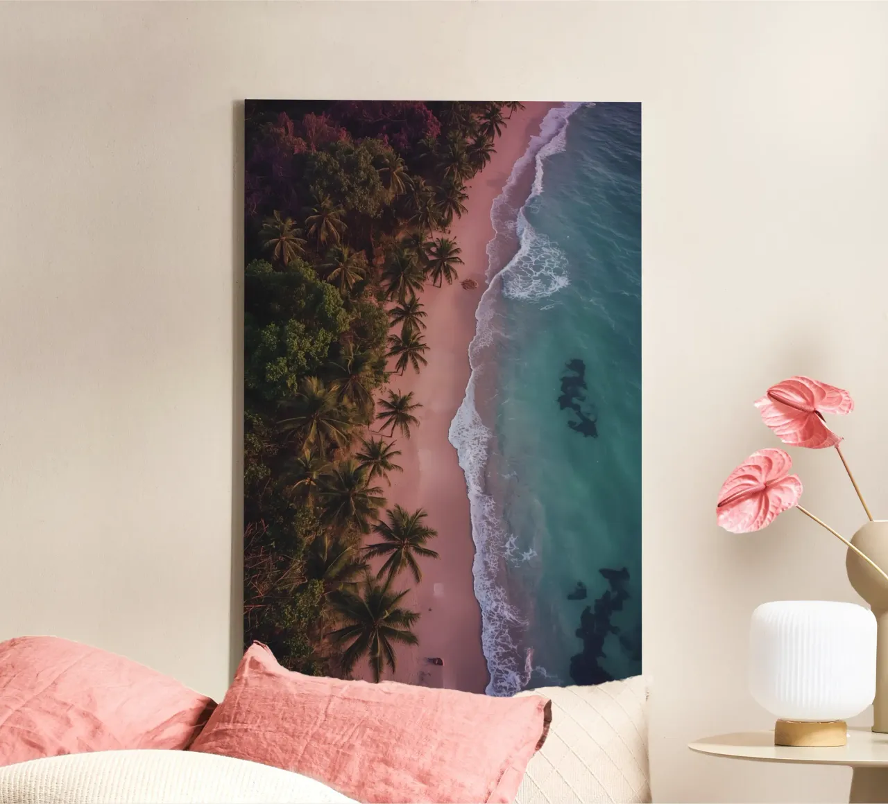 aerial view, beach, palm trees, ocean, waves, sand, coastlin canvas with Floater frame by DesignDoodle