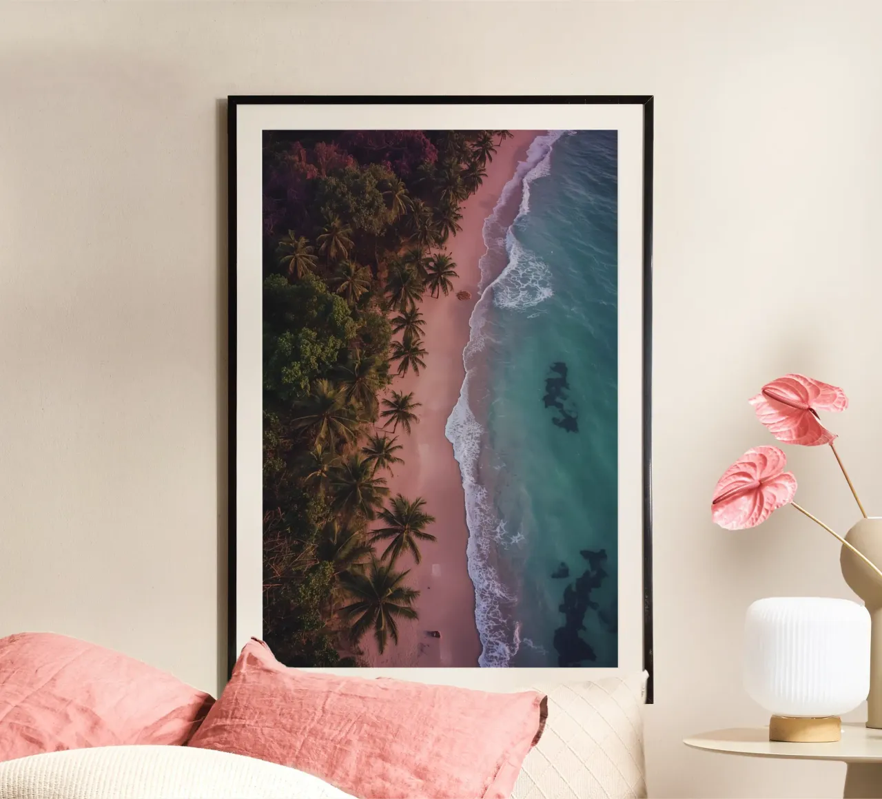 vue aérienne, plage, palmiers, océan, vagues, sable, littoral poster de DesignDoodle