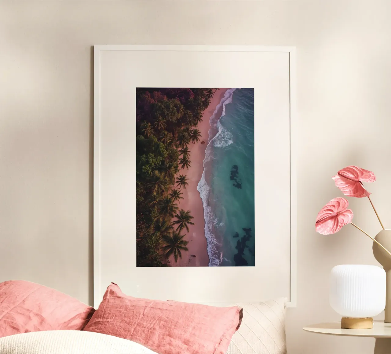 vue aérienne, plage, palmiers, océan, vagues, sable, littoral poster de DesignDoodle