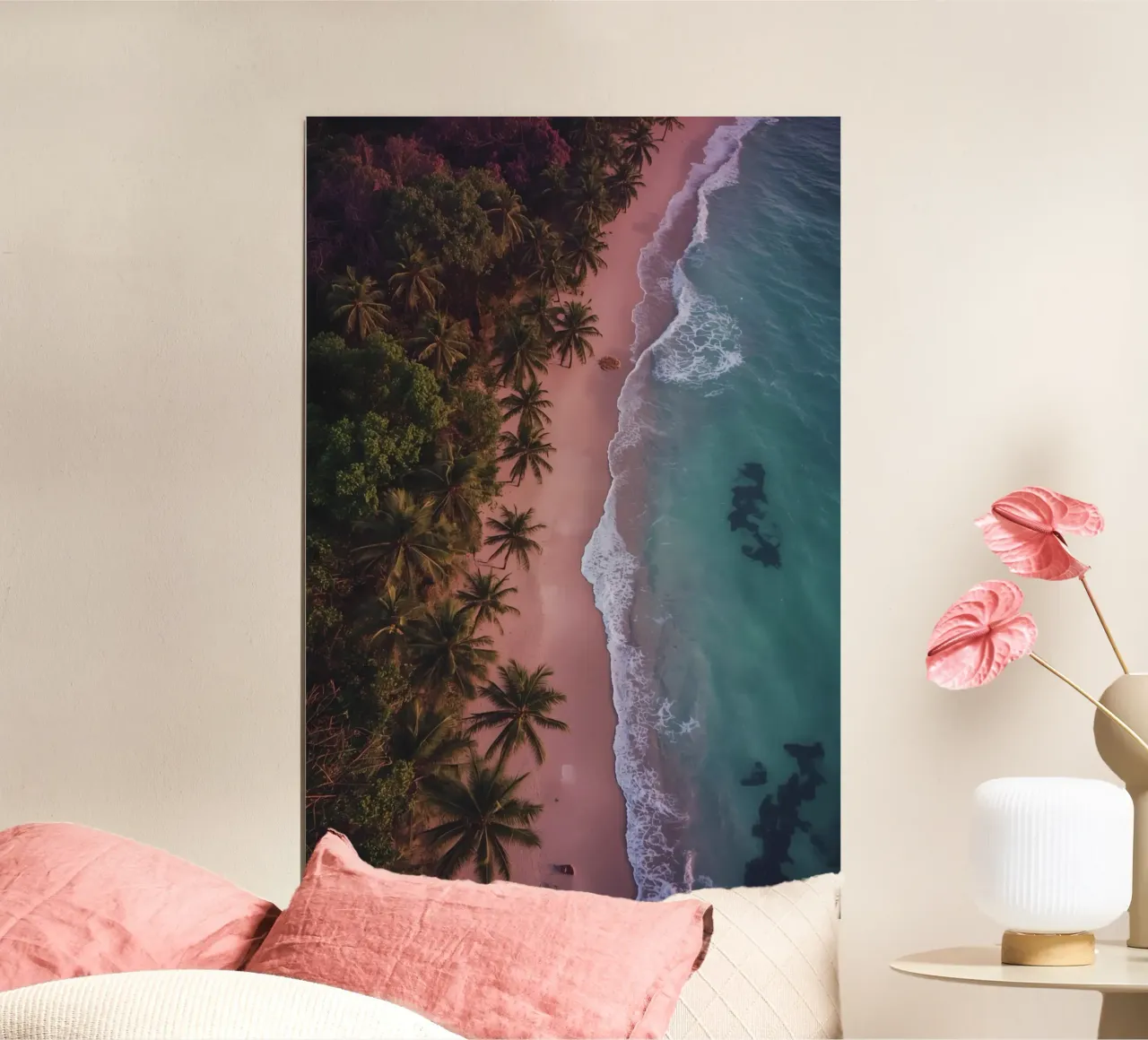 vue aérienne, plage, palmiers, océan, vagues, sable, littoral poster de DesignDoodle