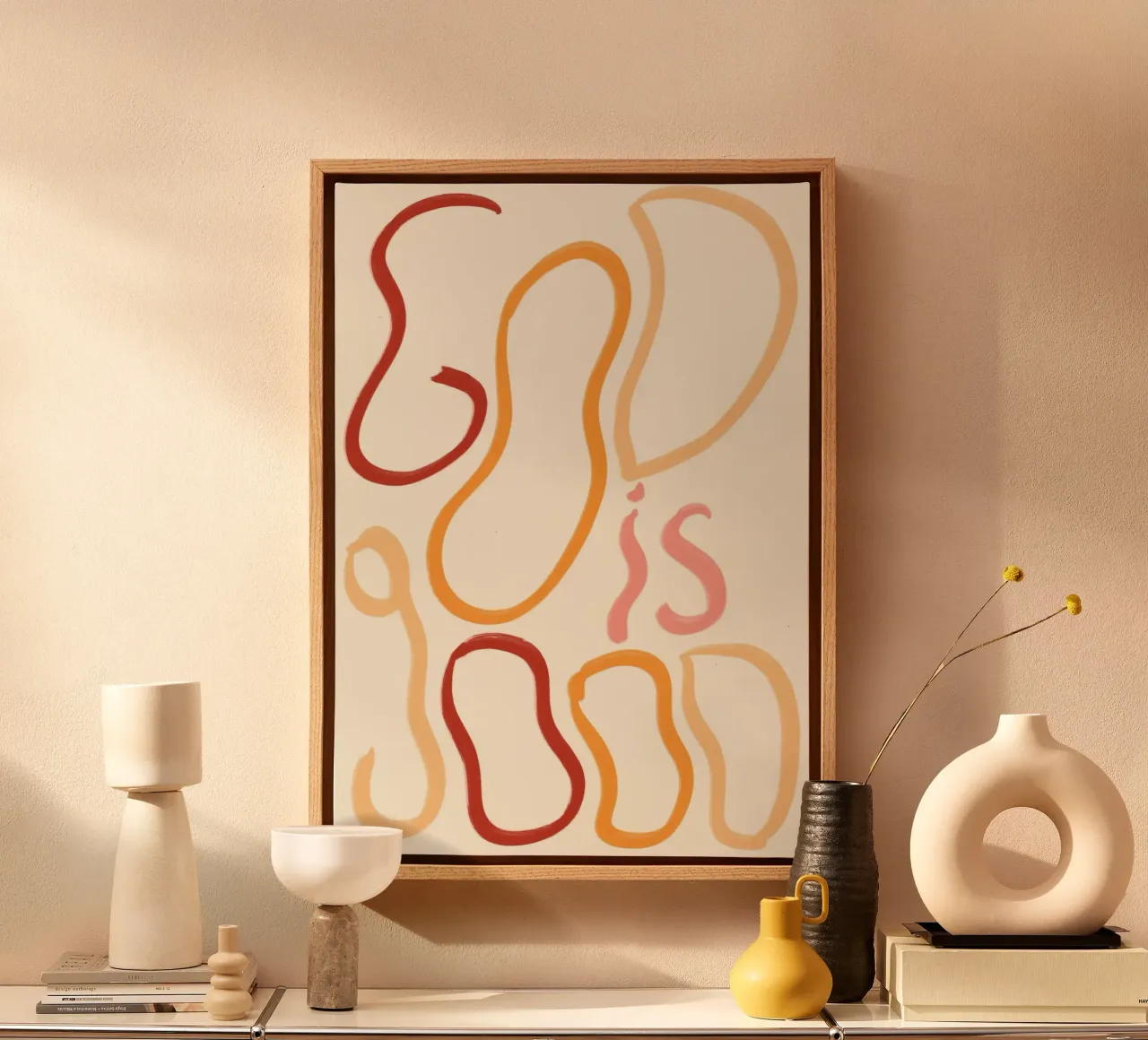 Poster calligrafico astratto Dio è buono tela con Cornice a cassetta da vintagepod