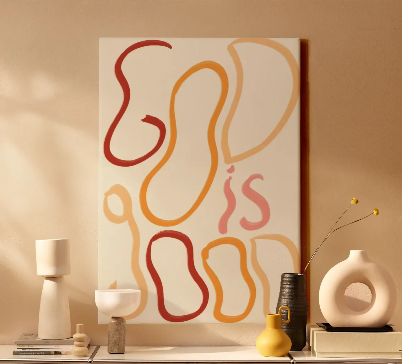 Poster calligrafico astratto Dio è buono tela con Cornice a cassetta da vintagepod