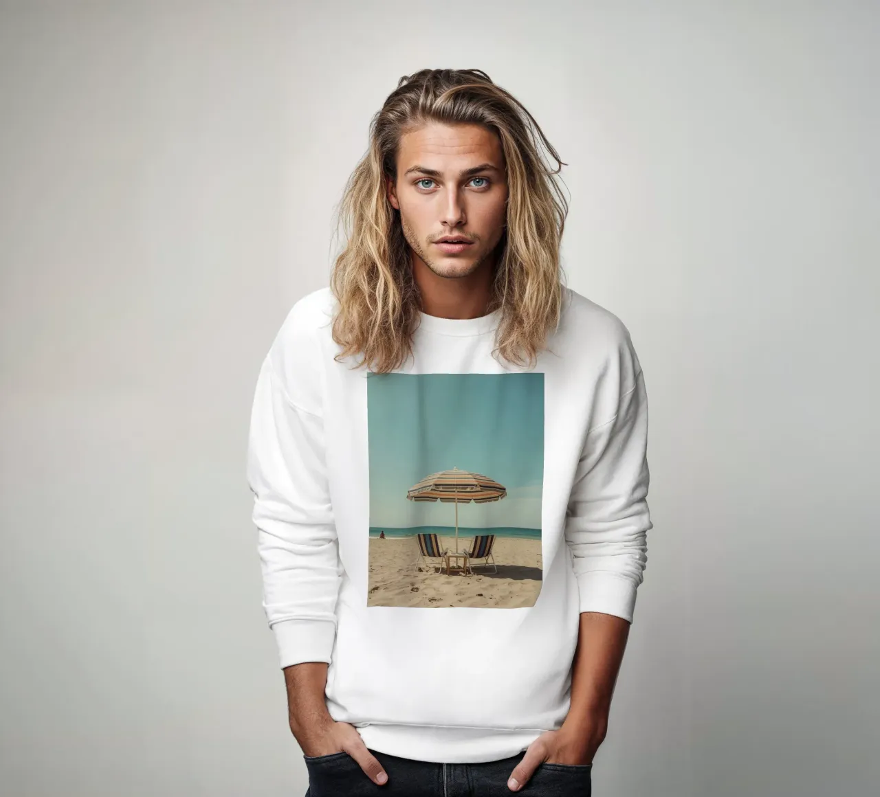 Sedie da spiaggia e ombrellone sulla spiaggia di sabbia felpa da DesignDoodle