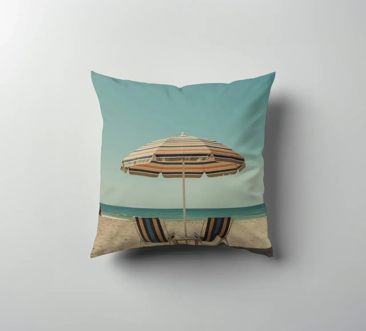 Sedie da spiaggia e ombrellone sulla spiaggia di sabbia cuscino da DesignDoodle